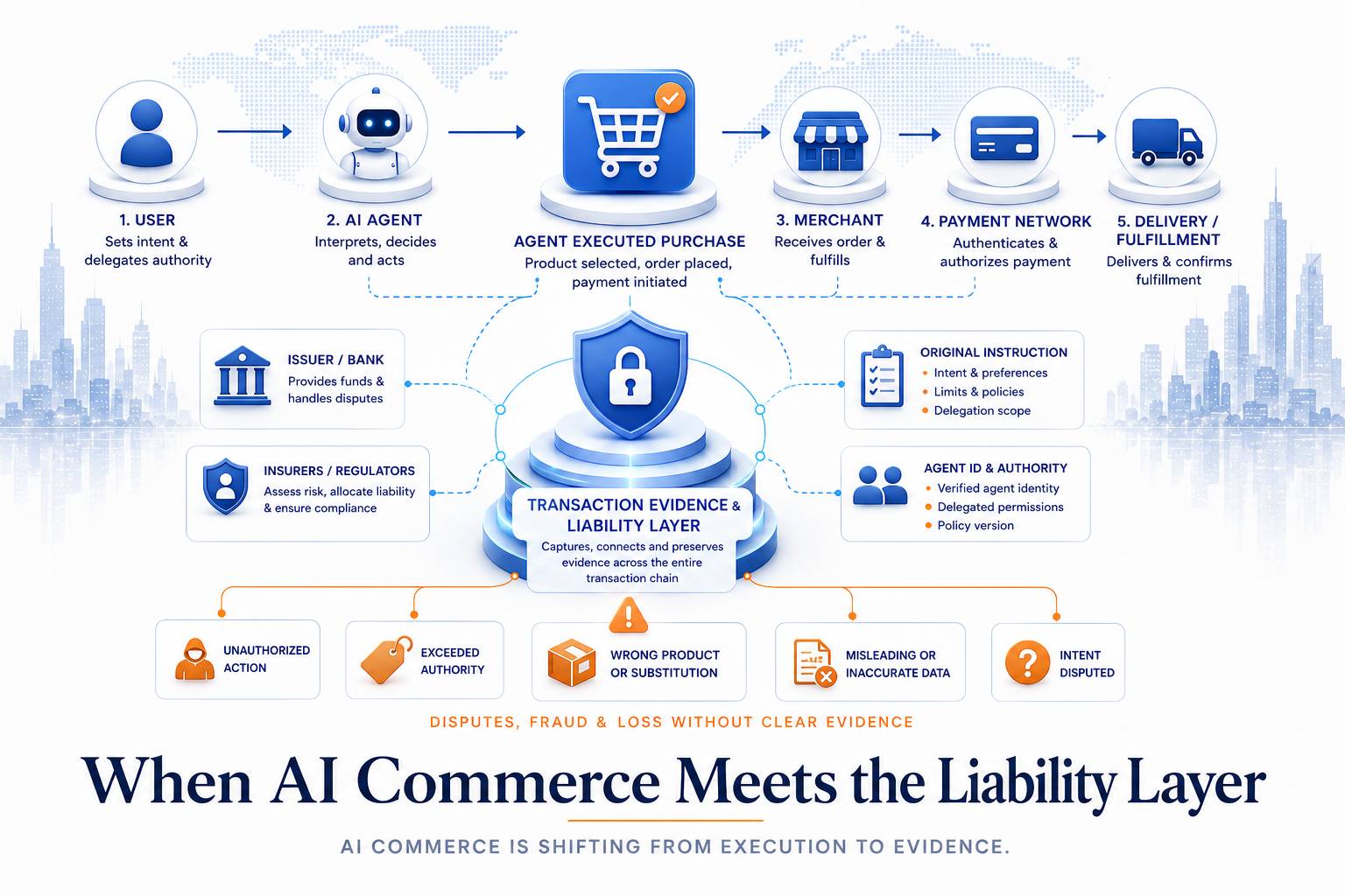 A structural diagram showing a customer instruction passing through an AI agent, merchant, payment network, and delivery system, with a missing evidence layer linking responsibility across the transaction.