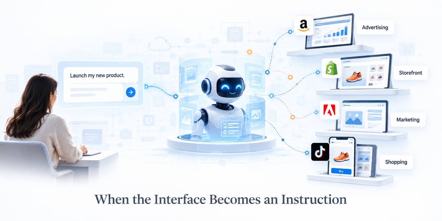 A diagram showing human instructions flowing through an AI agent into advertising, storefront, marketing and shopping systems, representing AI as the new commerce interface.