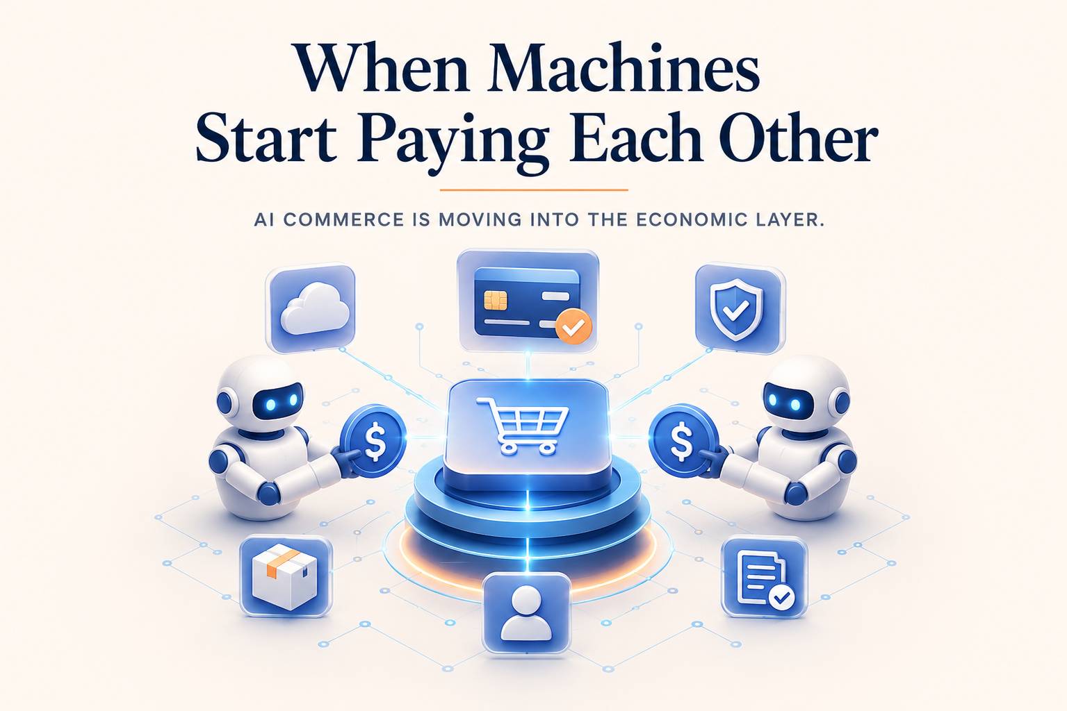 AI agents, payment rails, cloud access gates, and merchant systems connected through a machine-to-machine commerce network.