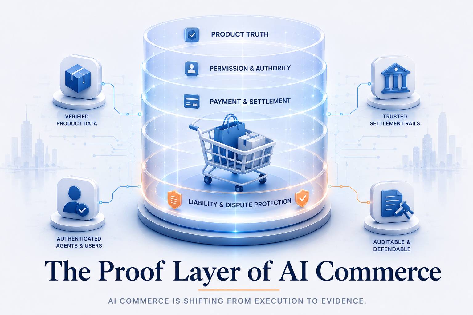 Diagram showing AI agents surrounded by product truth, permission, settlement, and liability proof layers.