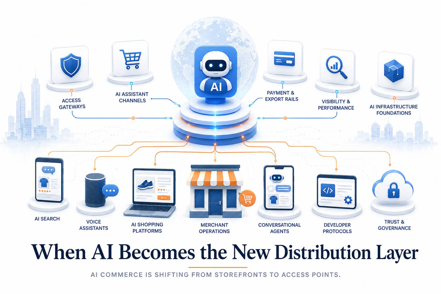 AI assistants, access gateways, product visibility systems, merchant platforms, and infrastructure layers connected into a machine-led commerce distribution map.