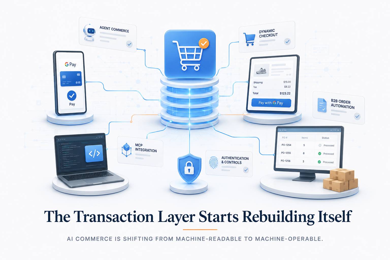 Minimal AI commerce visual showing payment rails, wallets, checkout logic, and B2B orders connecting into one machine-operable transaction layer.