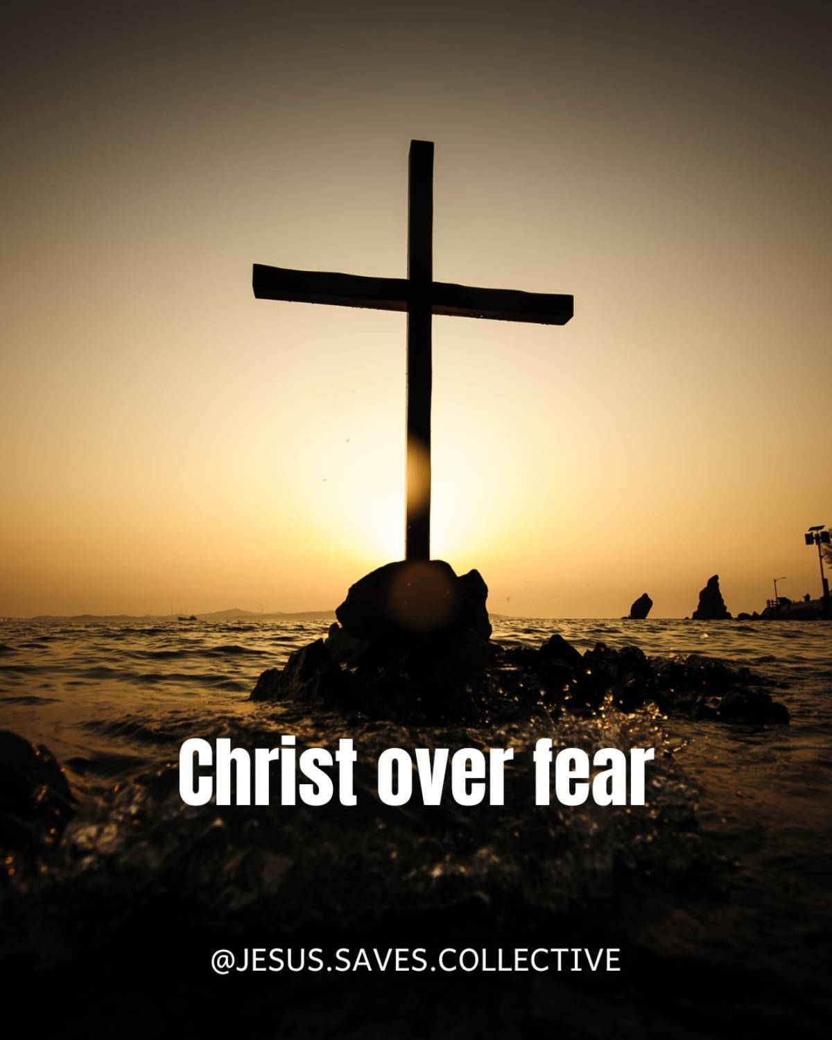 Prayer card with cross against the sun setting in the background with the words "Christ Over Fear"