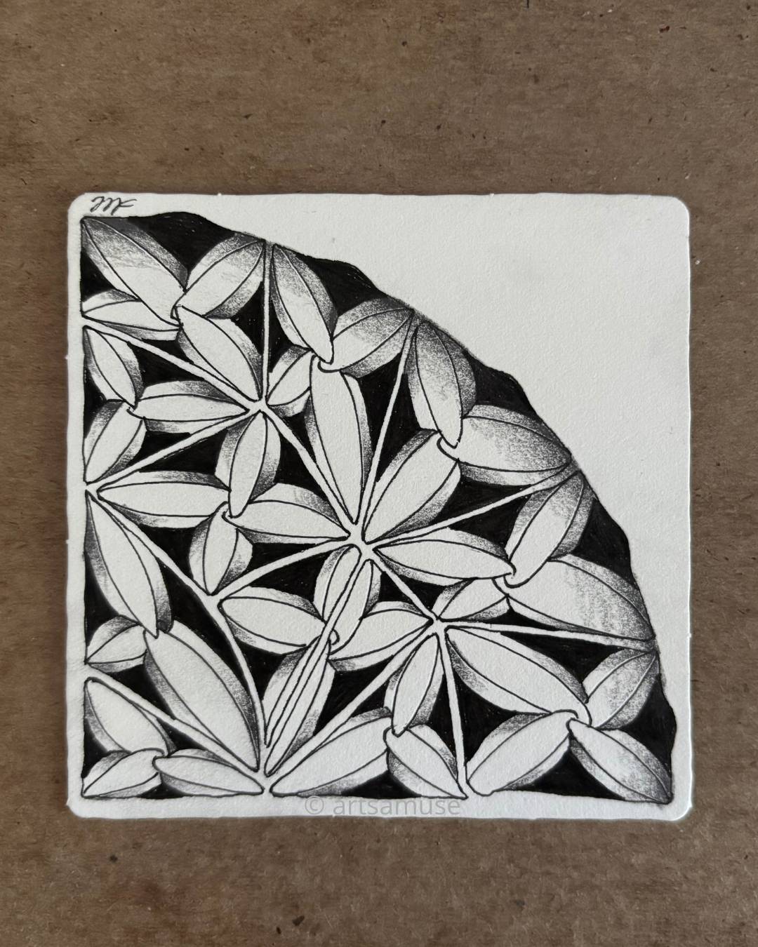 Black ink drawing of the Polypoli pattern on a square sheet of white paper