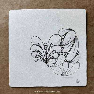 ink-drawn patterns on a square paper Zentangle tile