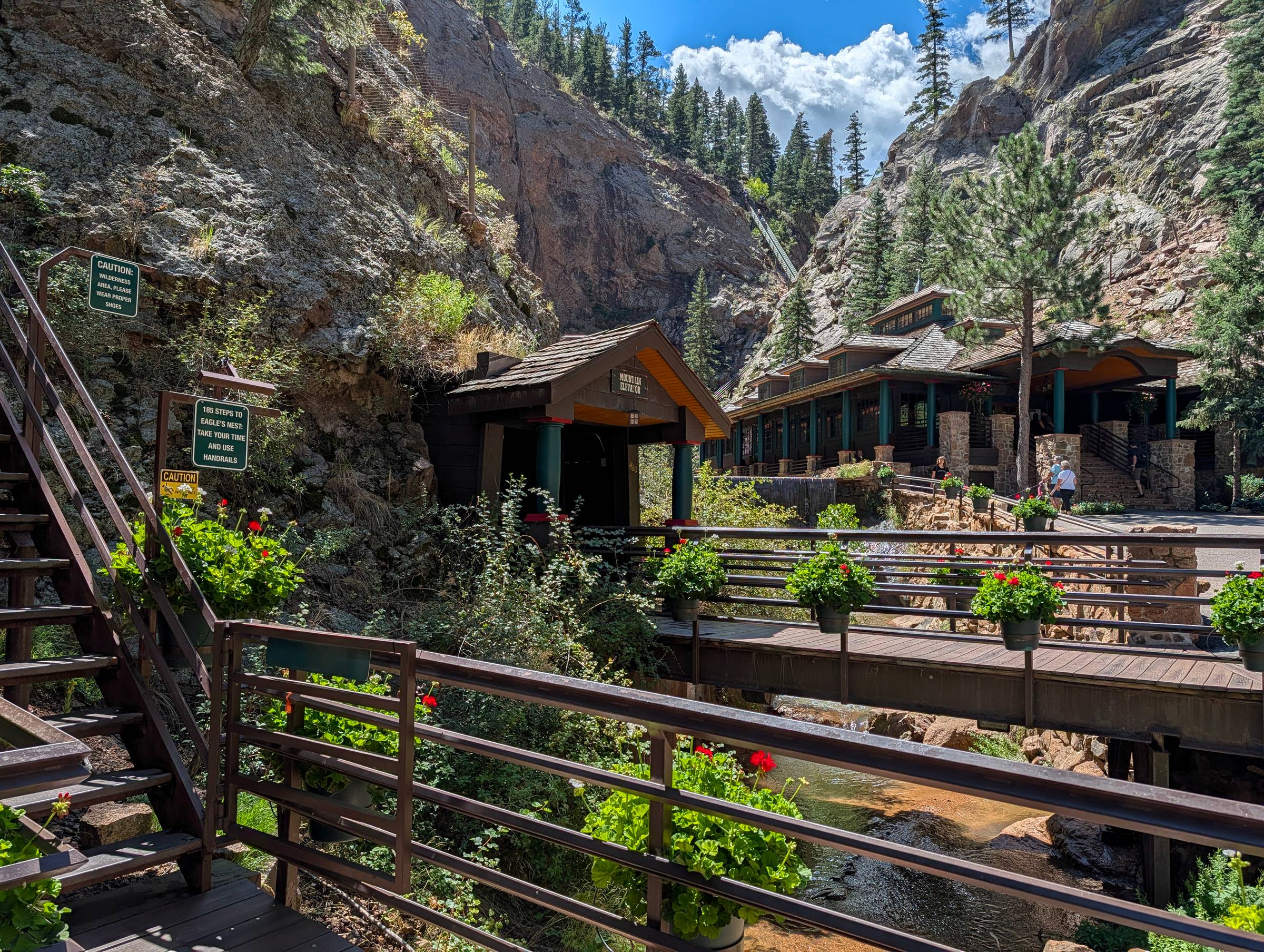 The Mountain Elevator entrance and the stairs leading up to Eagle's Nest at Seven Falls.