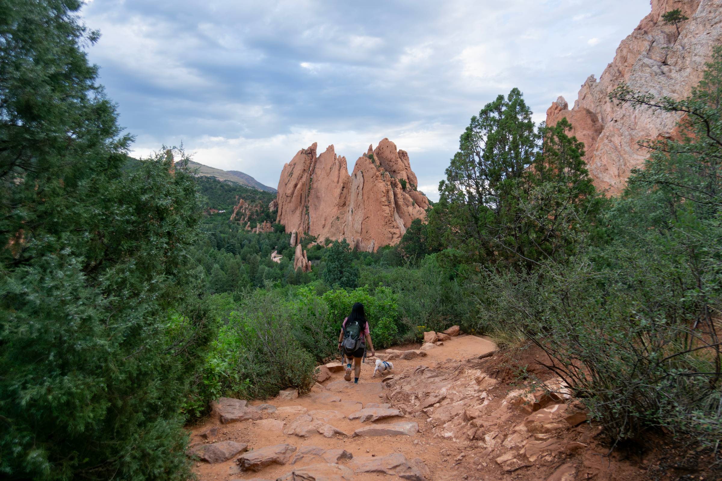 Woman walking a small white dog along a dirt trail surrounded by green brush and red rock formations at Garden of the Gods.