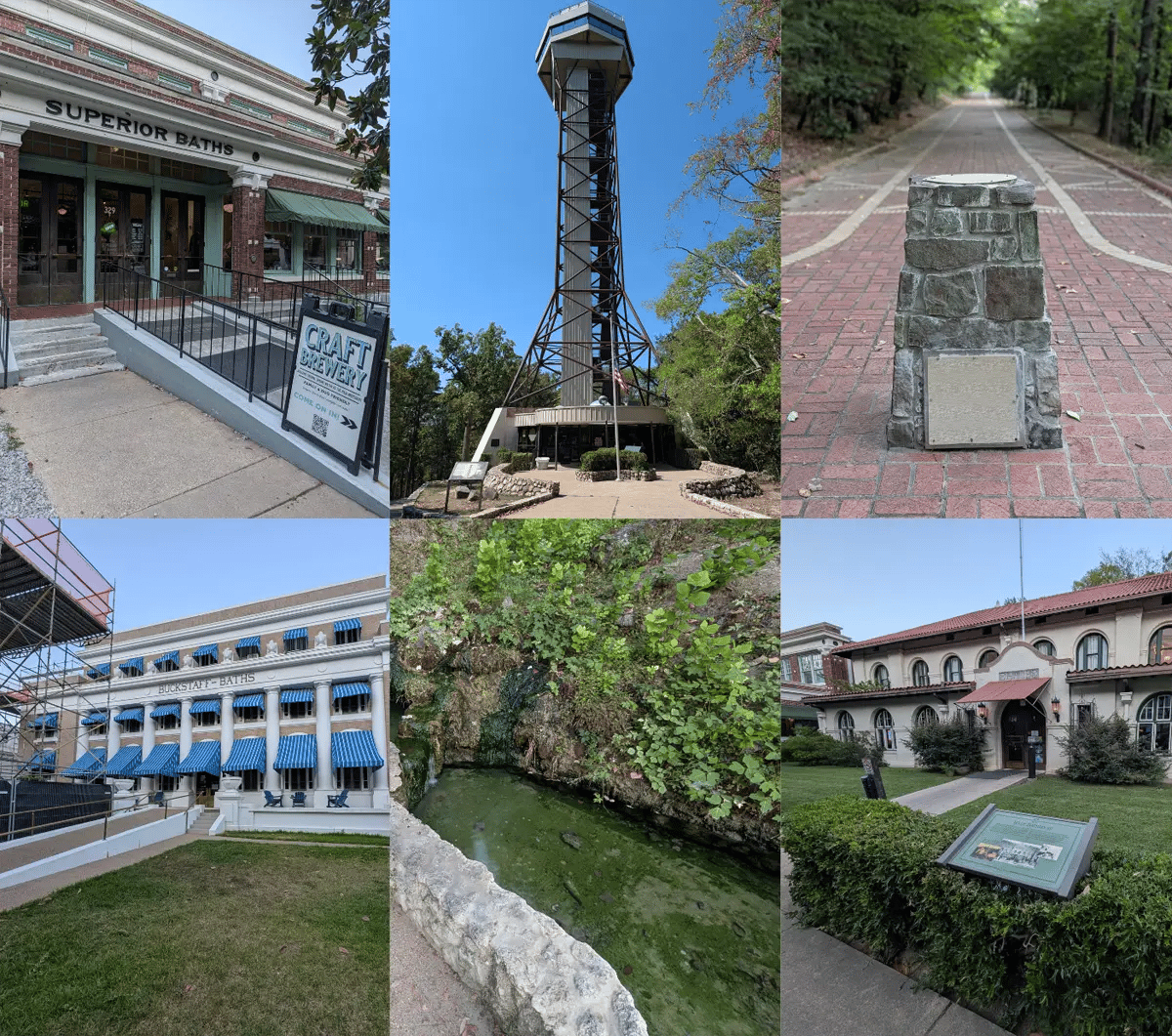 A six-photo collage from Hot Springs National Park featuring historic bathhouses, Hot Springs Mountain Tower, and thermal features.