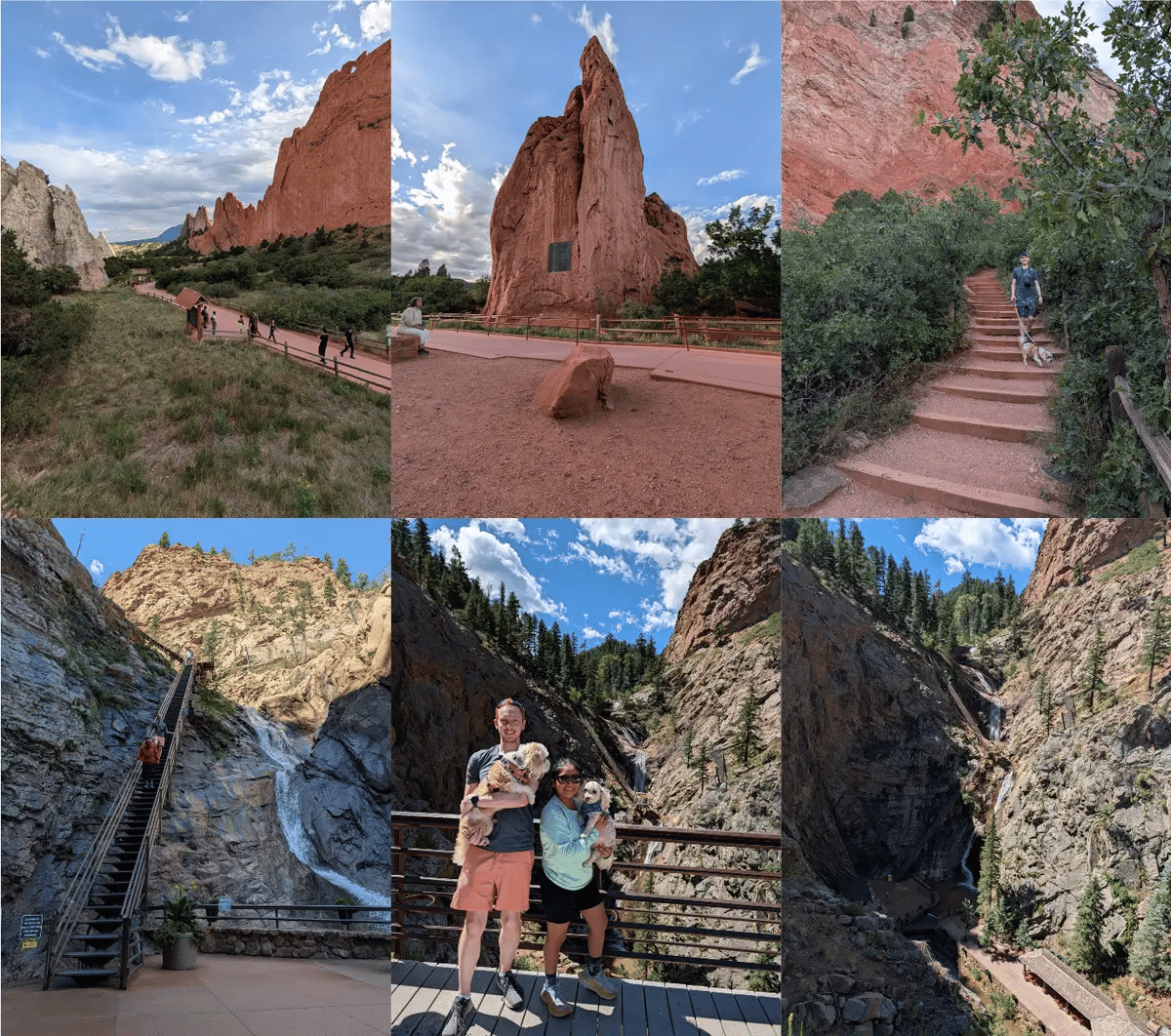 A six-photo collage from Colorado Springs featuring Garden of the Gods, Seven Falls, and the couple's two dogs exploring the area.