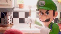 Mario and Luigi fixing a sink as if they are plumbers