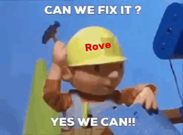 Cartoon Builder hammering a blue block. 