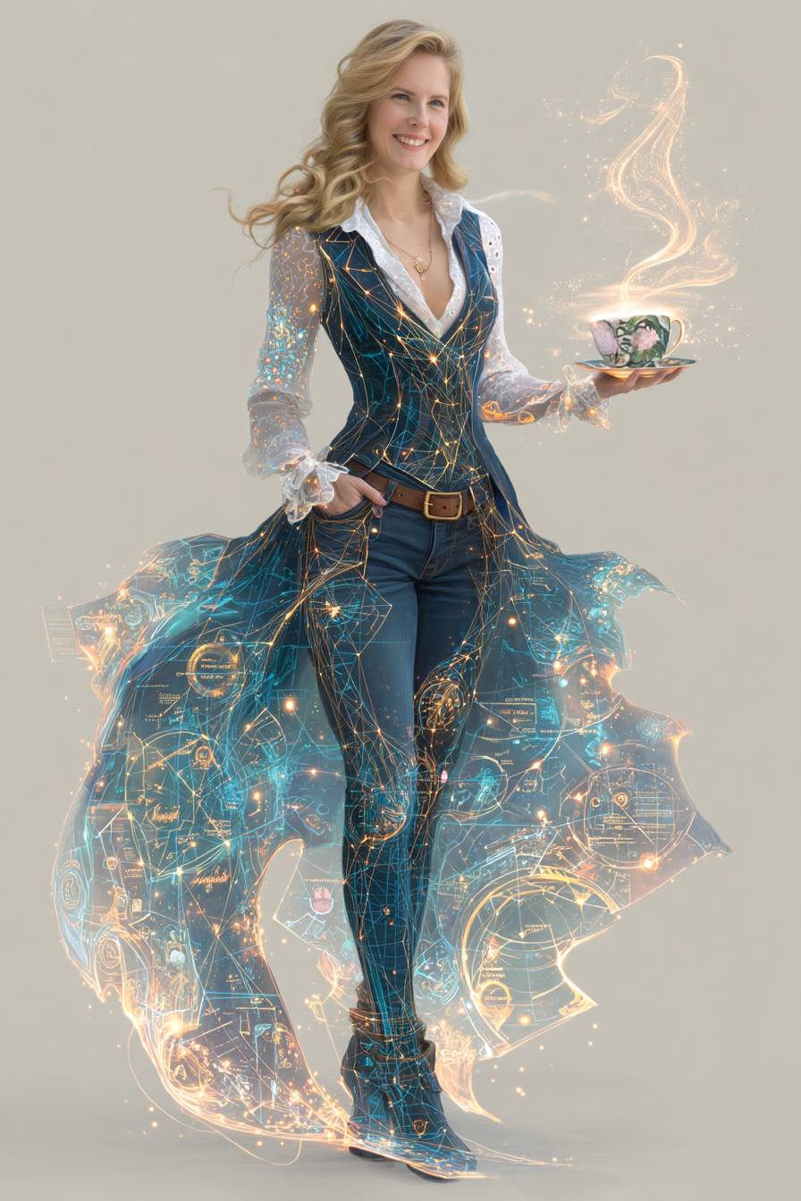 AI generated image of a woman holding a teacup with blue swirls