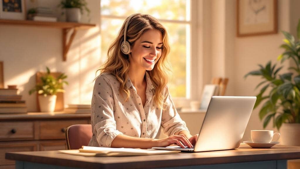 woman typing on a laptop in home office