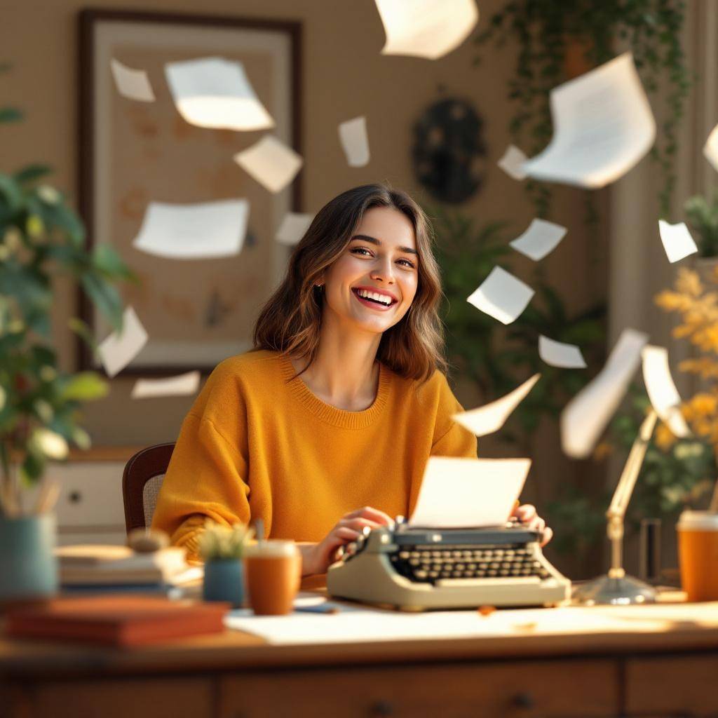 Woman sitting at desk with typewriter