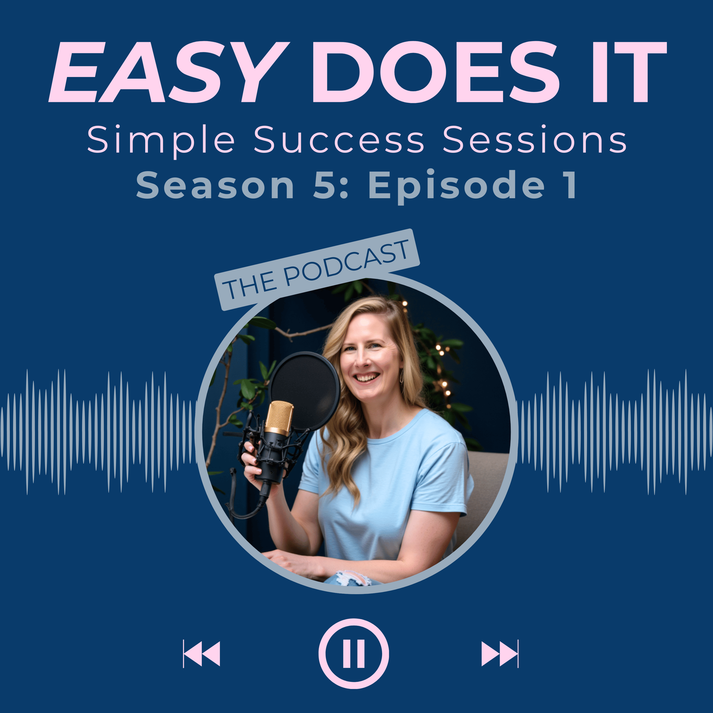 A woman holding a microphone with descriptive words and a wave form