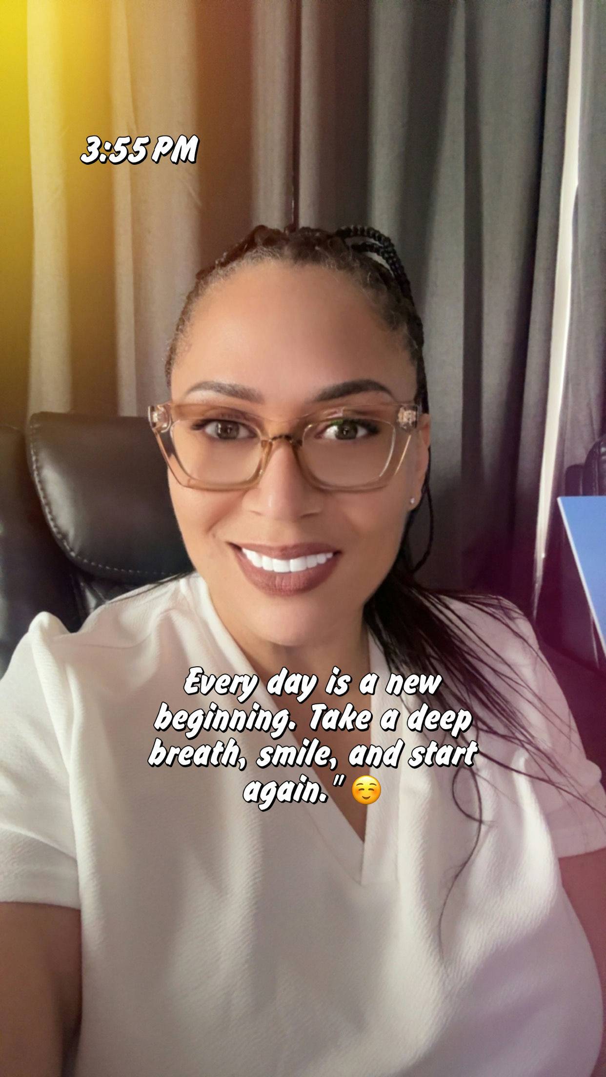 Paris McDowney smiles with the inspirational quote, "every day is a new beginning. Take a deep breath, smile, and start again."