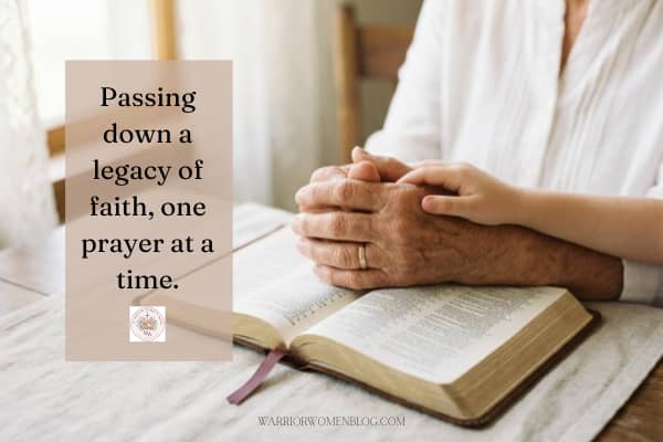 Folded hands resting in prayer on an open Bible, with the caption 'Passing down a legacy of faith, one prayer at a time.