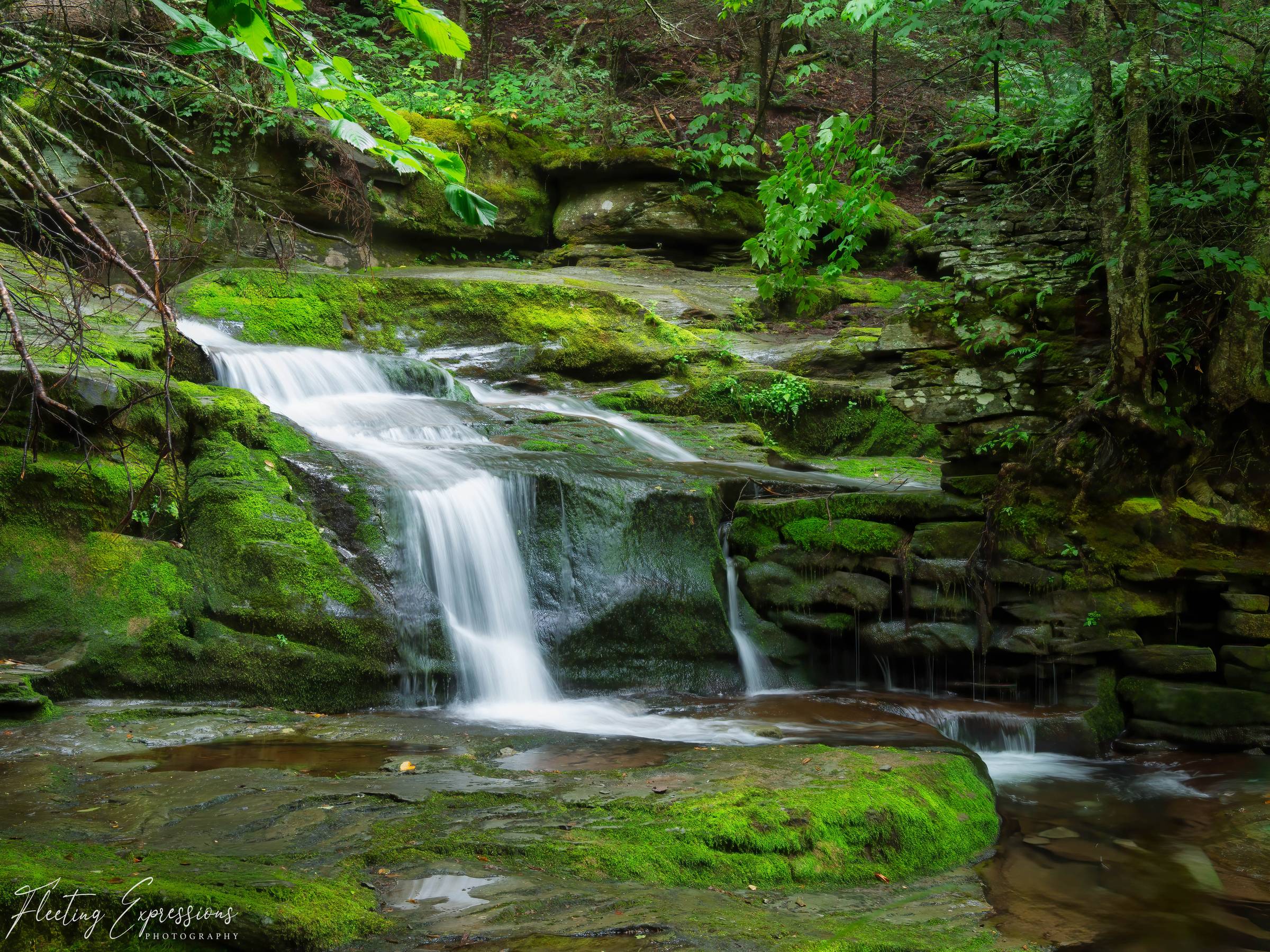 waterfall over stone cascade with green trees and moss