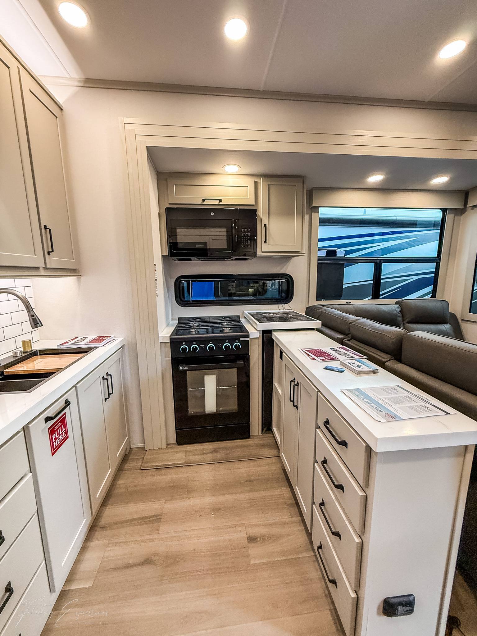 RV kitchen view of counter space and oven