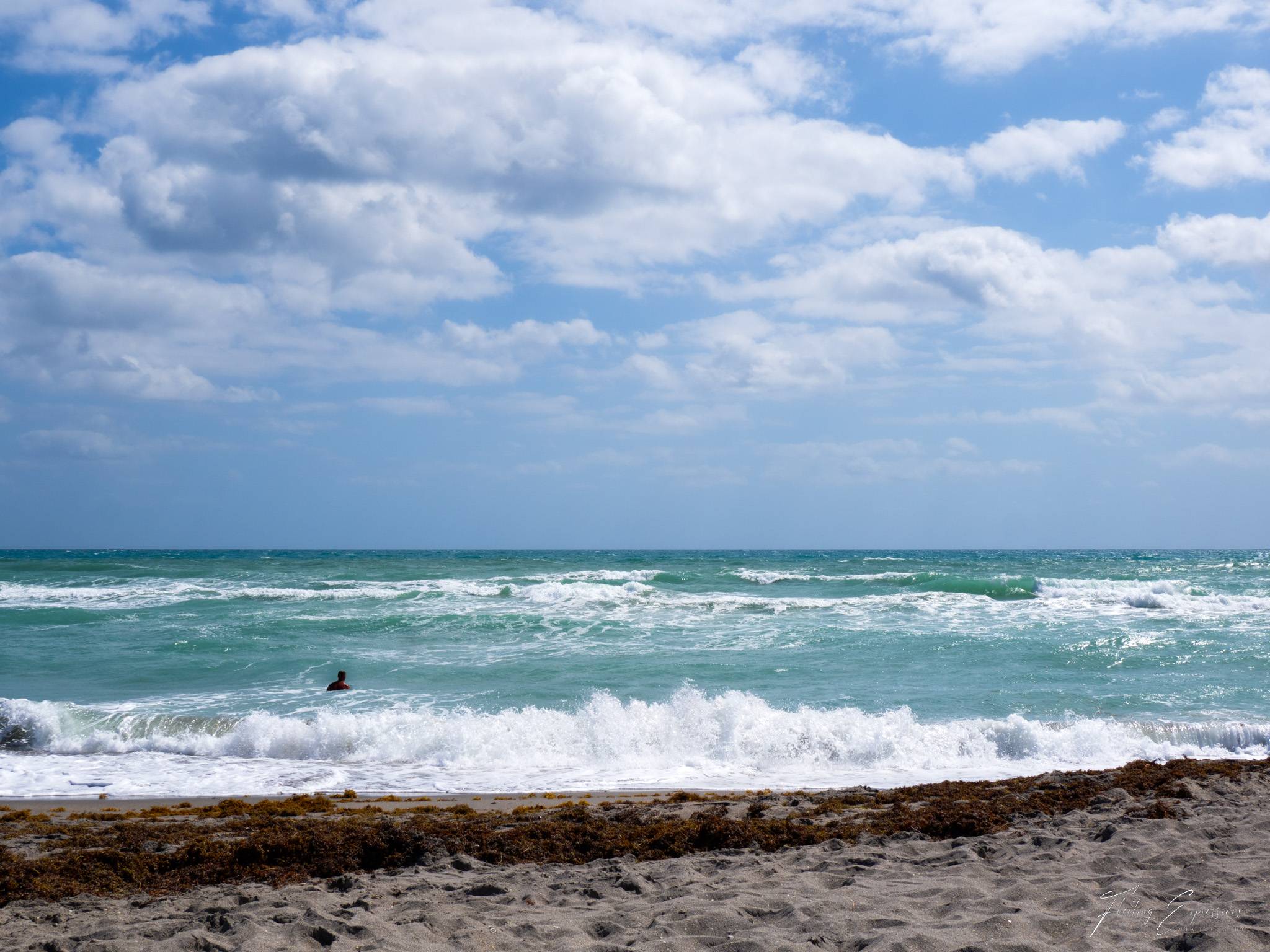 Turquoise ocean under blue skies with seaweed on the beach and swimmer bobbing in the waves.