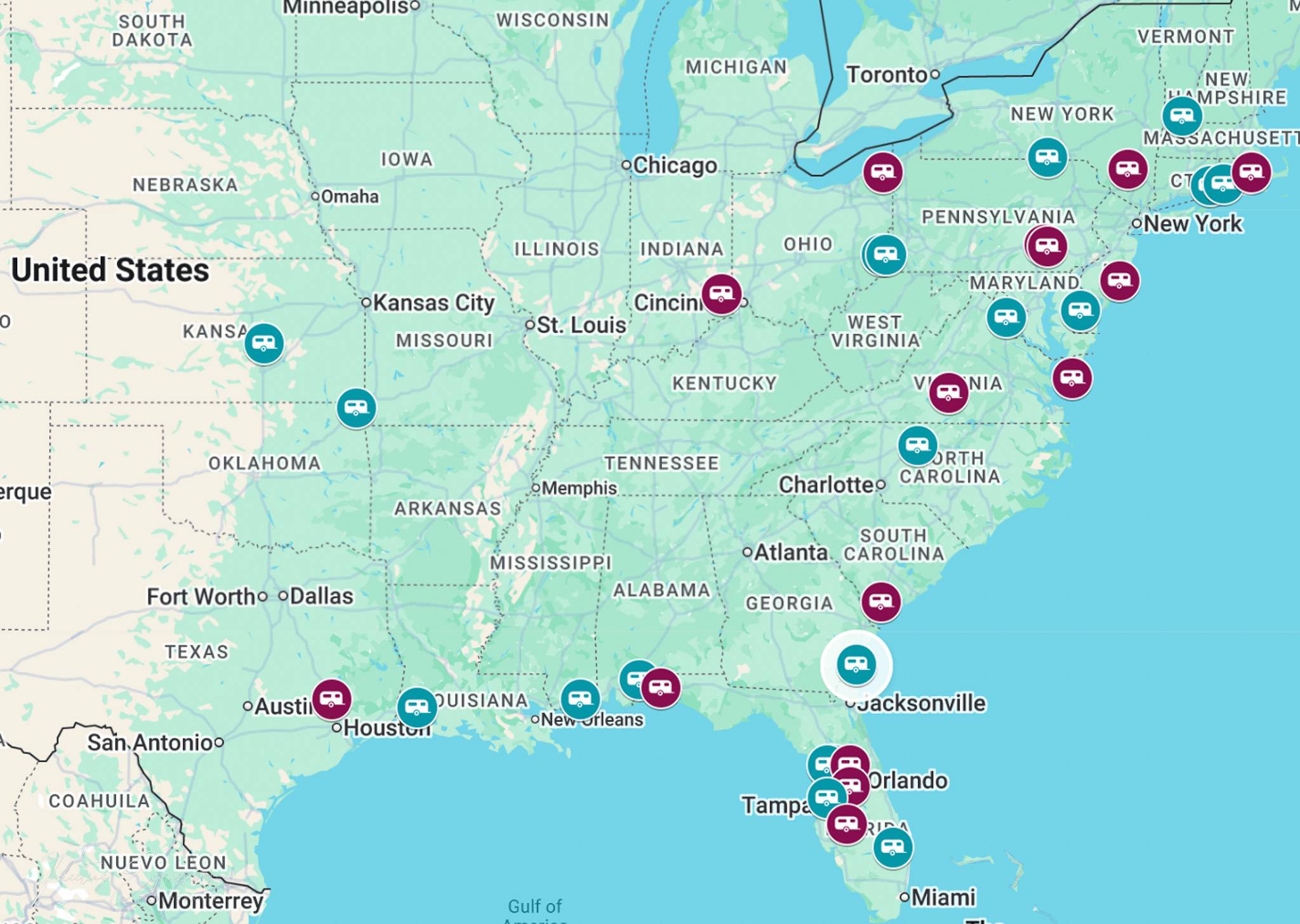 map with camping locations scattered across the east coast marked by campers