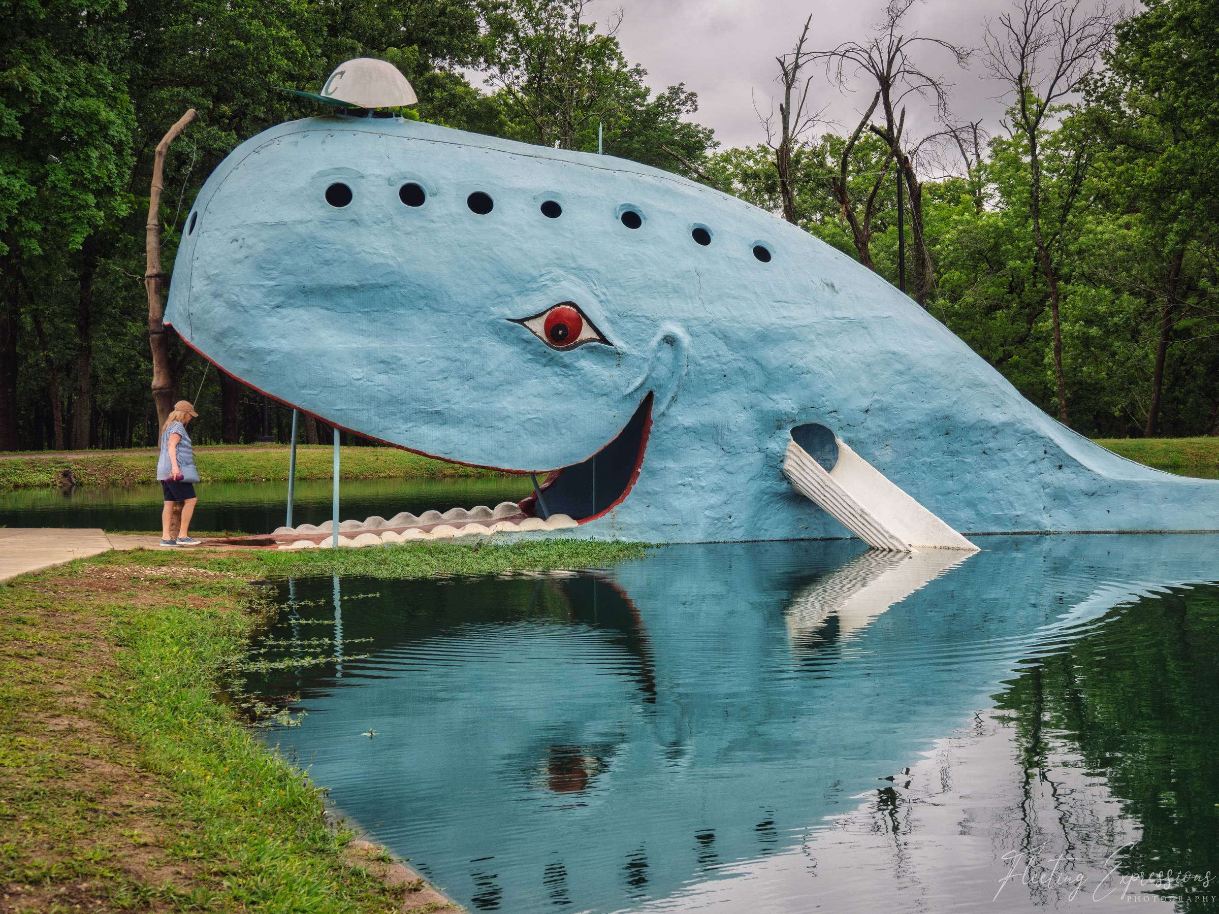 A woman stands at the open mouth of a giant blue concrete whale resting on a calm green pond.