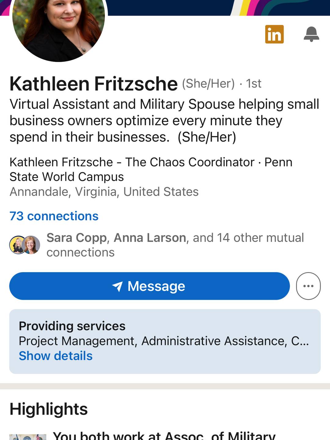 Kathleenʻs linkedin page