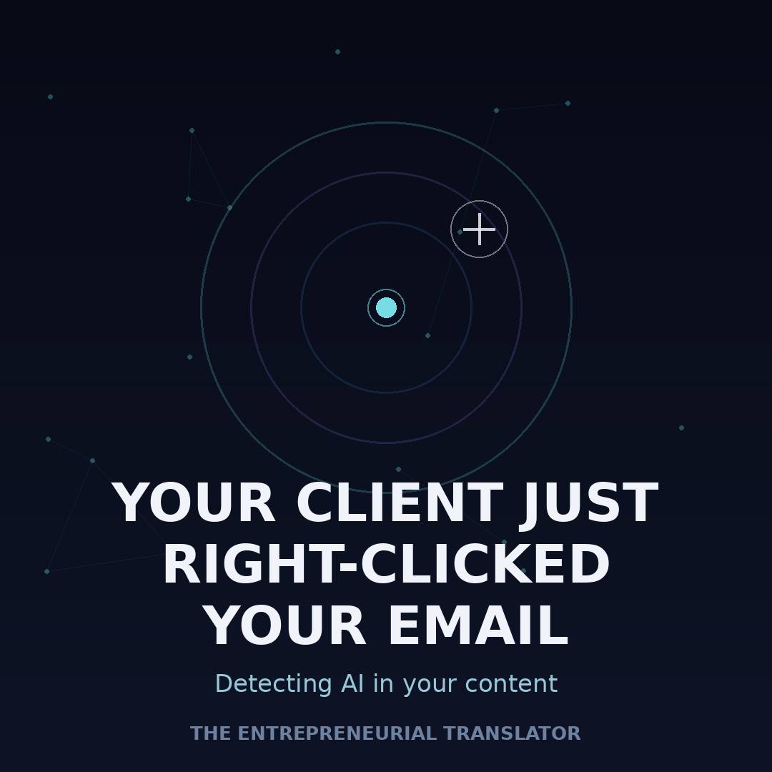 Dark navy graphic with concentric teal and purple signal rings around a glowing centre dot, a crosshair cursor icon to the upper right, scattered network nodes in the background, and bold white headline text reading 'Your client just right-clicked your em
