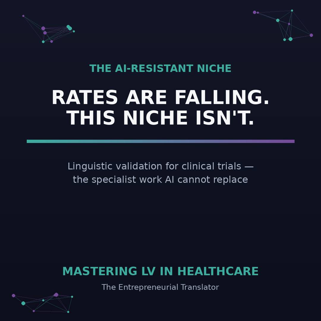 Dark navy square graphic with teal and purple network node accents in the corners. Headline reads "Rates are falling. This niche isn't." above a teal-to-purple gradient bar, subheaded "Linguistic validation for clinical trials – the specialist work AI can
