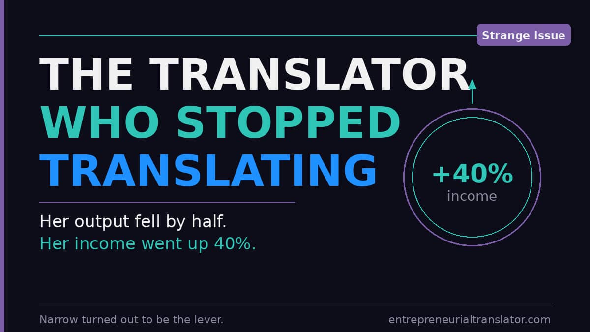 Dark navy background with a three-line headline in white, teal, and blue reading "The Translator Who Stopped Translating." A purple circle on the right displays "+40% income" with an upward arrow. A teal horizontal rule separates the headline from two sub