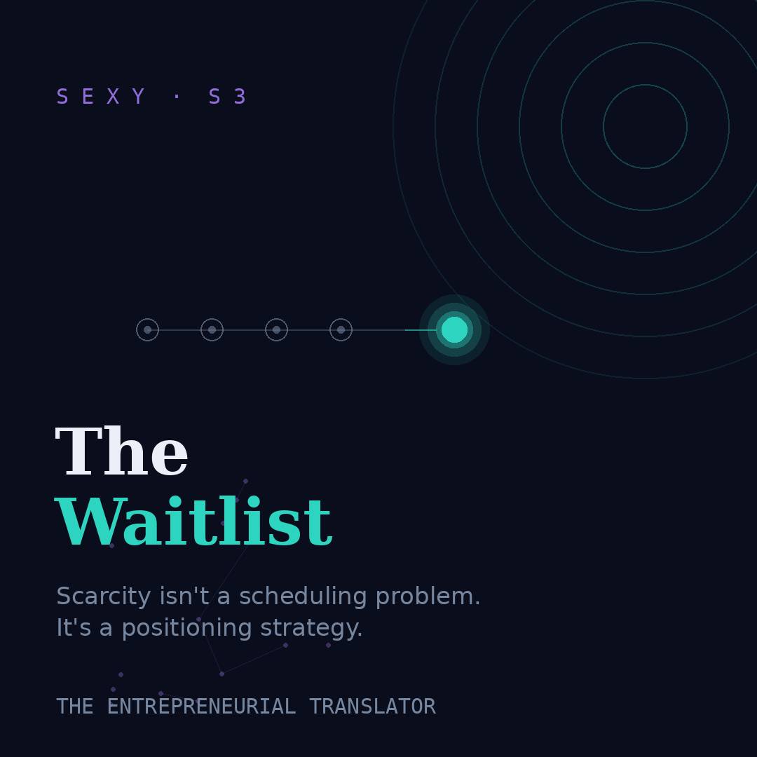 A dark navy graphic with a row of dim, unlit circles connected by a thin line, leading to one glowing teal node set apart - a queue with one person let through. Text reads "The Waitlist" in white and teal, with the subline "Scarcity isn't a scheduling pro