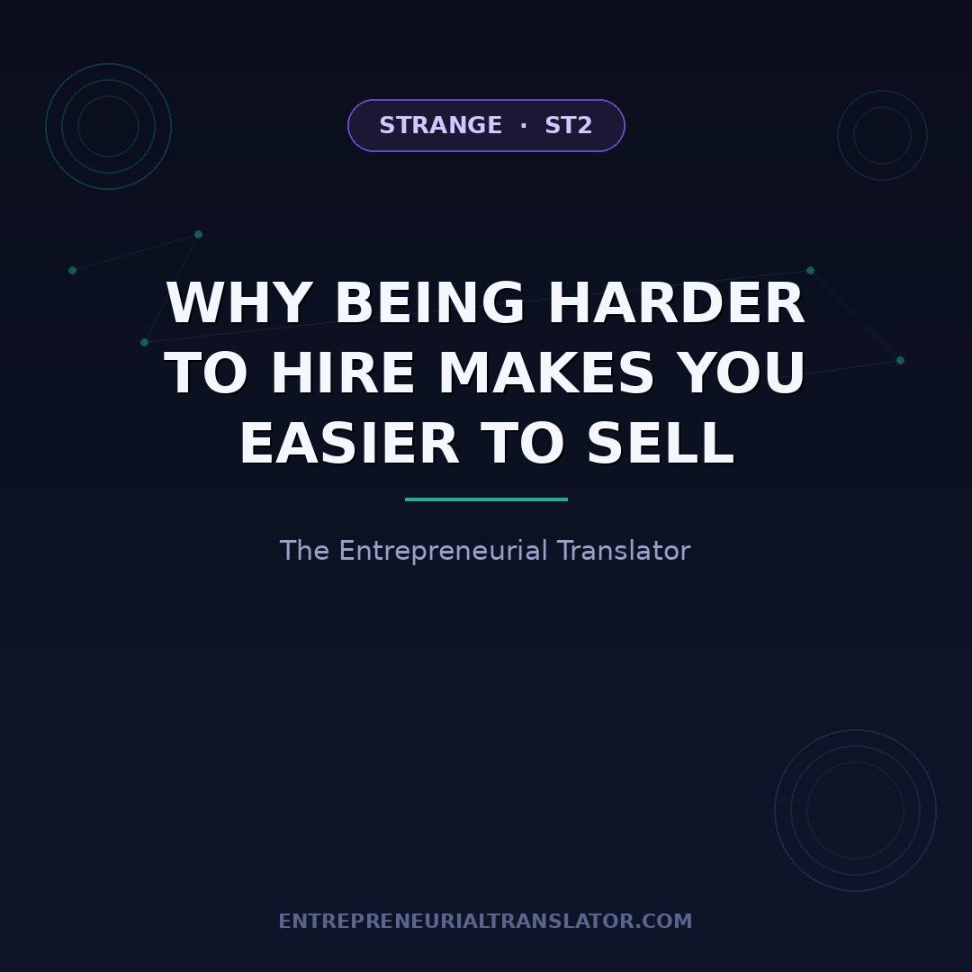 Dark navy square graphic reading "Why Being Harder to Hire Makes You Easier to Sell" in bold white text, with a "Strange · ST2" pill label above, a teal divider line, "The Entrepreneurial Translator" subtitle below, faint teal and purple signal rings in t