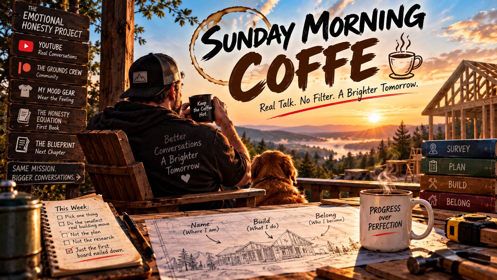 Sunday Morning Coffee: turning emotional honesty into action, with blueprints, tools, and a home under construction symbolizing the move from survey to plan, build, and belong.