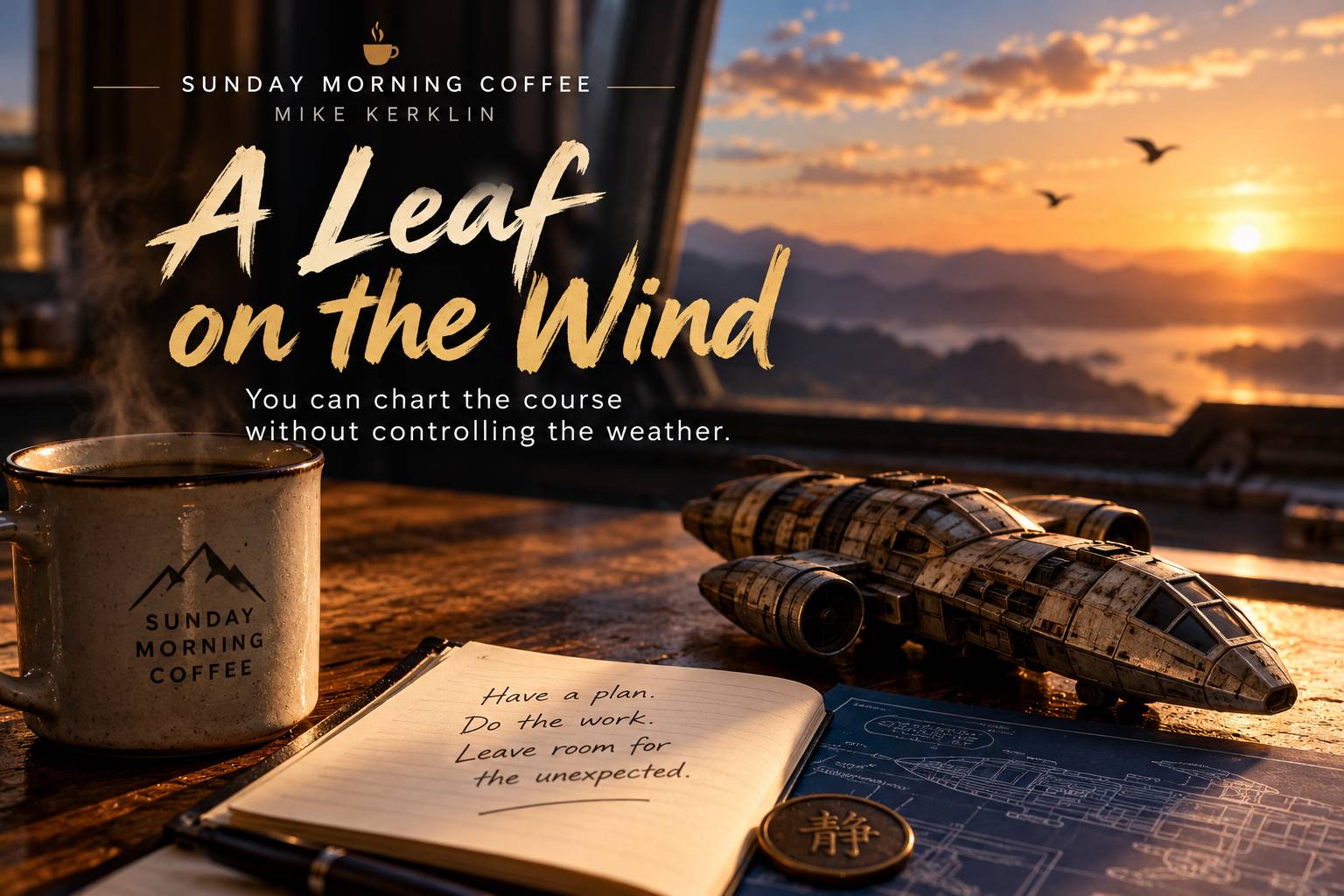 A steaming coffee mug, open notebook, and model spaceship sit beside blueprints overlooking a golden sunrise. Text reads “Sunday Morning Coffee: A Leaf on the Wind” with the subtitle “You can chart the course without controlling the weather.”
