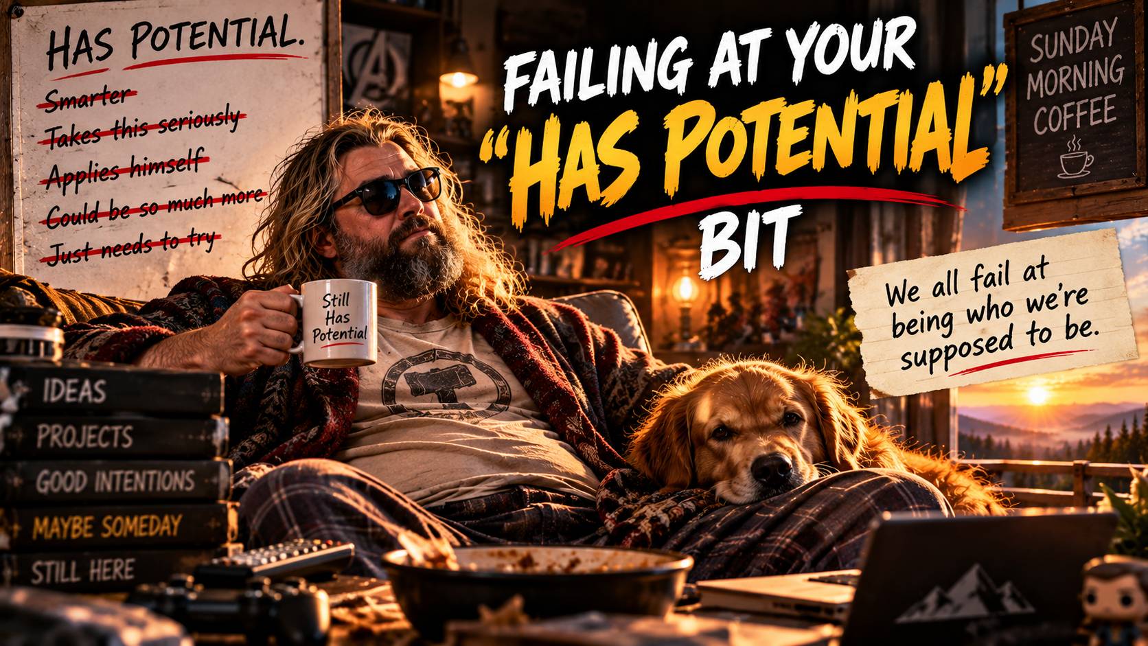 “Sunday Morning Coffee: letting go of the pressure to live up to your ‘potential’ and accepting that we all fail at being who we’re supposed to be.”
