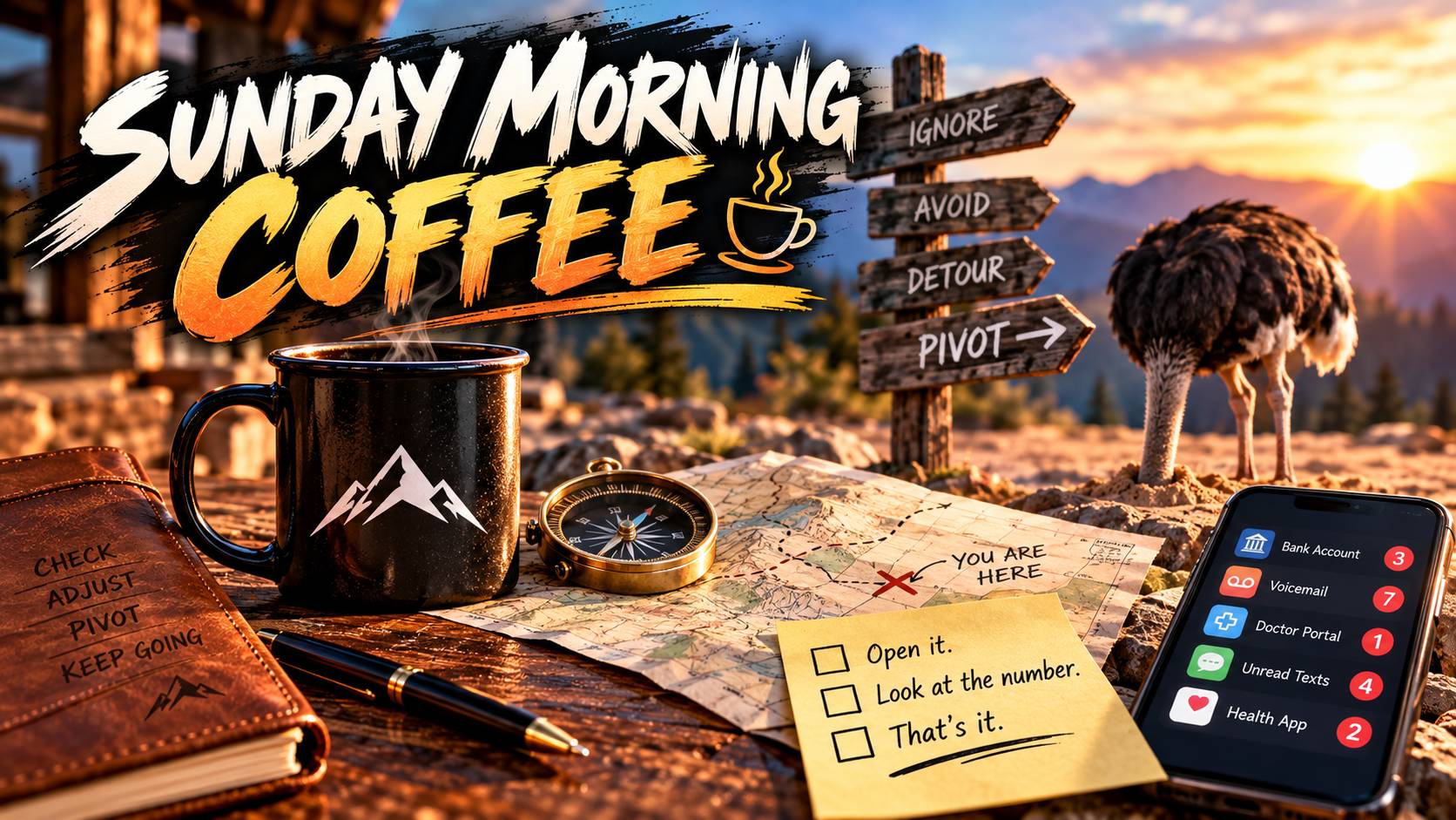 Sunday Morning Coffee graphic with a steaming mug, map, compass, and an ostrich hiding its head. Signs point toward avoidance or change, reminding us that we can't correct our course without facing reality.