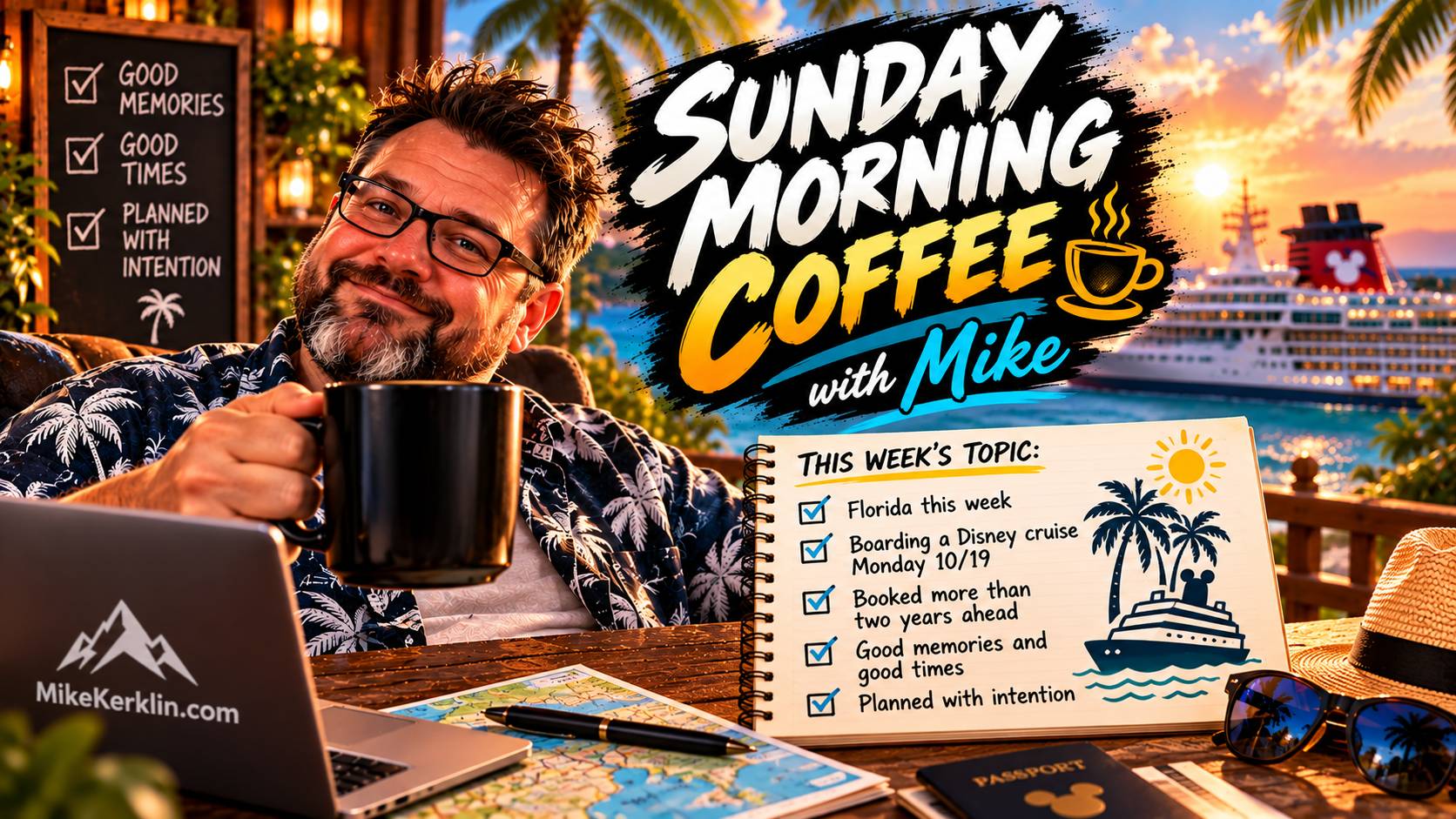 Sunday Morning Coffee graphic featuring Mike holding a coffee mug in a tropical Florida setting, with a Disney cruise ship in the background. A checklist highlights good memories, good times, and planning with intention—reminding us that making time for j