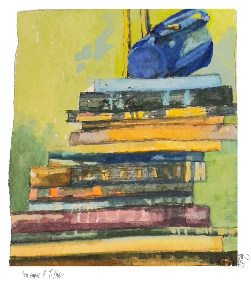 a painting of teacups & books: "Teacups & Titles: The Reading List"