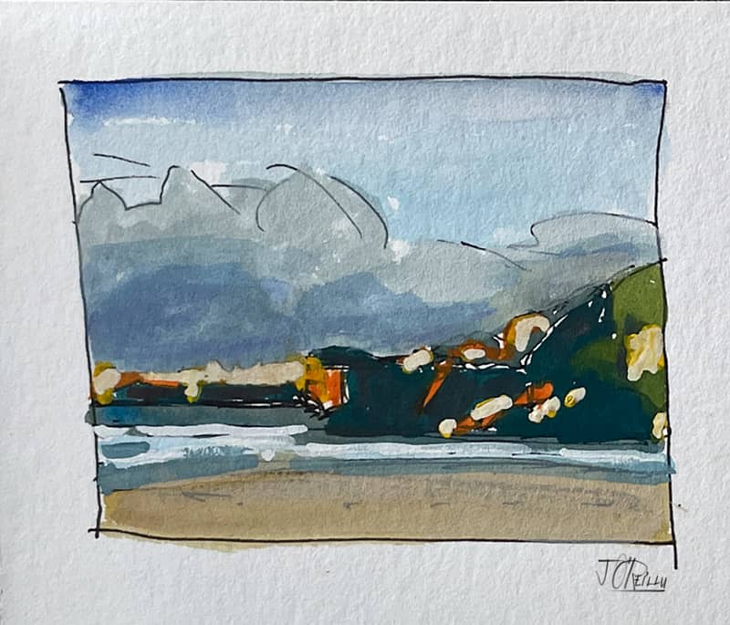 Small gouache painting, beach with bluffs, waves and rocks  (plein air)