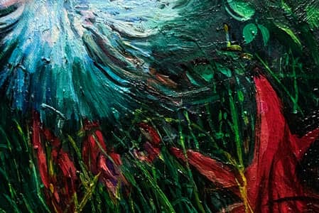 A Day In the Garden 2: Dandelion Ghost With Pieces of Leaf", oil on canvas, work in progress
