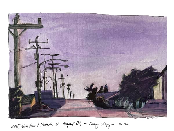 Pen & watercolor sketch from Elizabeth Street, Newport, OR, winter 2022.