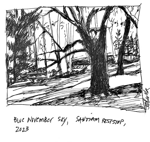 pen sketch, "Blue November Sky, Santiam Rest Stop 2023"