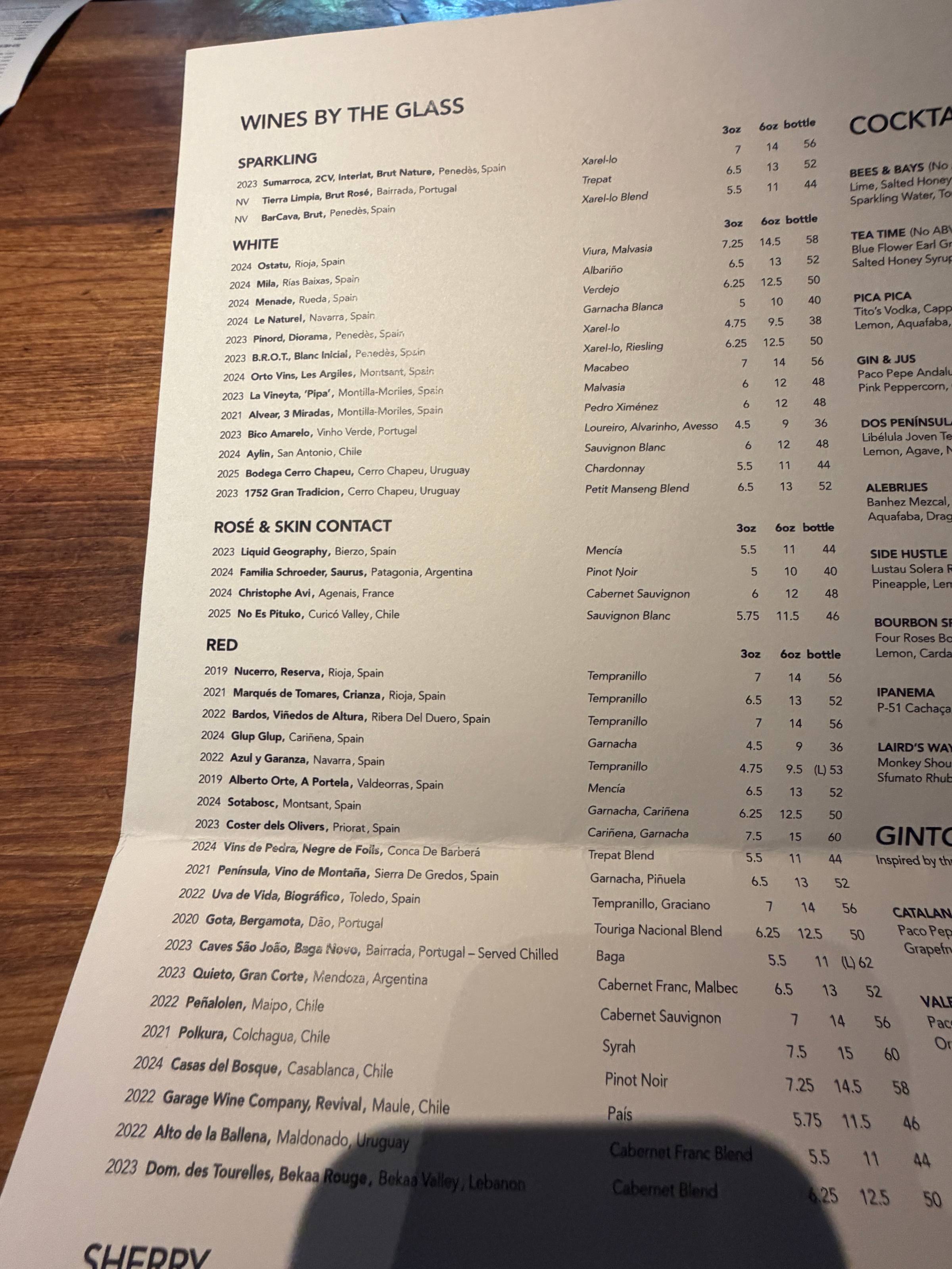 Printed wine-by-the-glass list at Barcelona Wine Bar, showing Spanish white, rosé, and red selections by region.