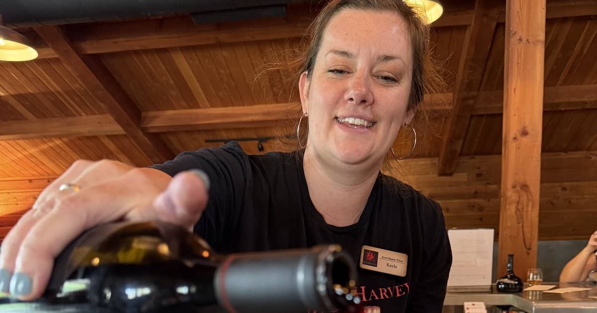 Kayla, a tasting room associate at Scott Harvey Winery in Amador County, pours a red wine across the tasting room counter