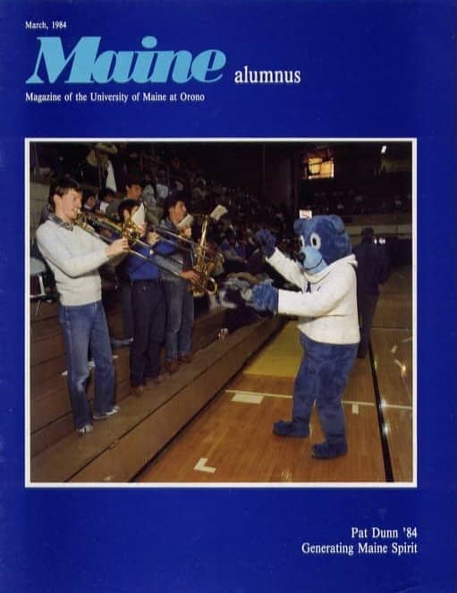 Bananas the Bear University of Maine mascot Maine Alumnus magazine cover March 1984 Pat Dunn generating Maine spirit
