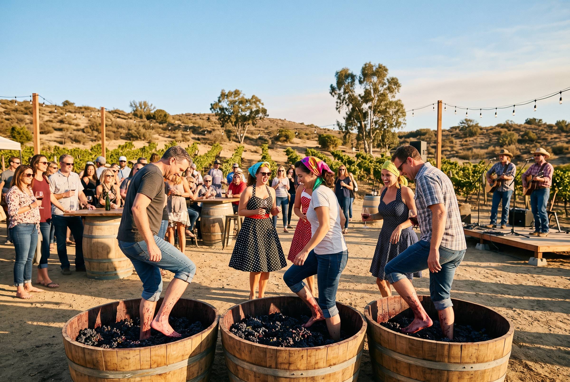 Southern California harvest party, with dry chaparral hills, eucalyptus, stained shins, and the polka-dot dresses nodding to Lucy without looking like her