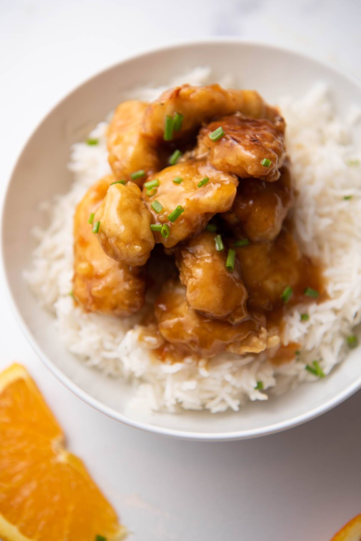 Orange chicken on a bowl