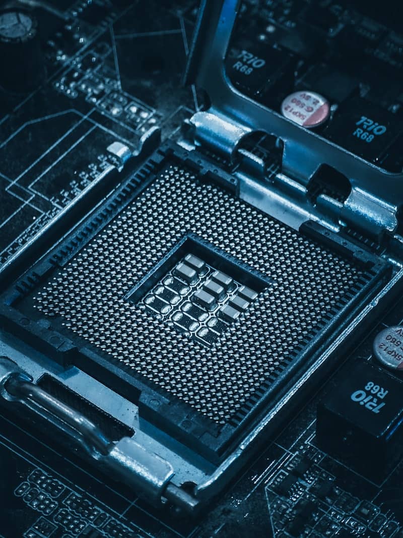 Close-up of a computer motherboard cpu socket.