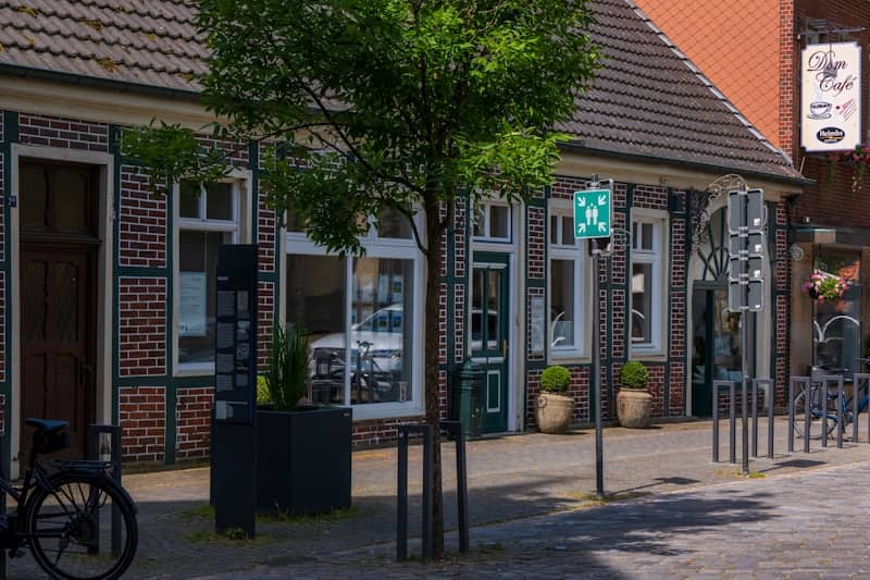 A charming european street scene with shops.