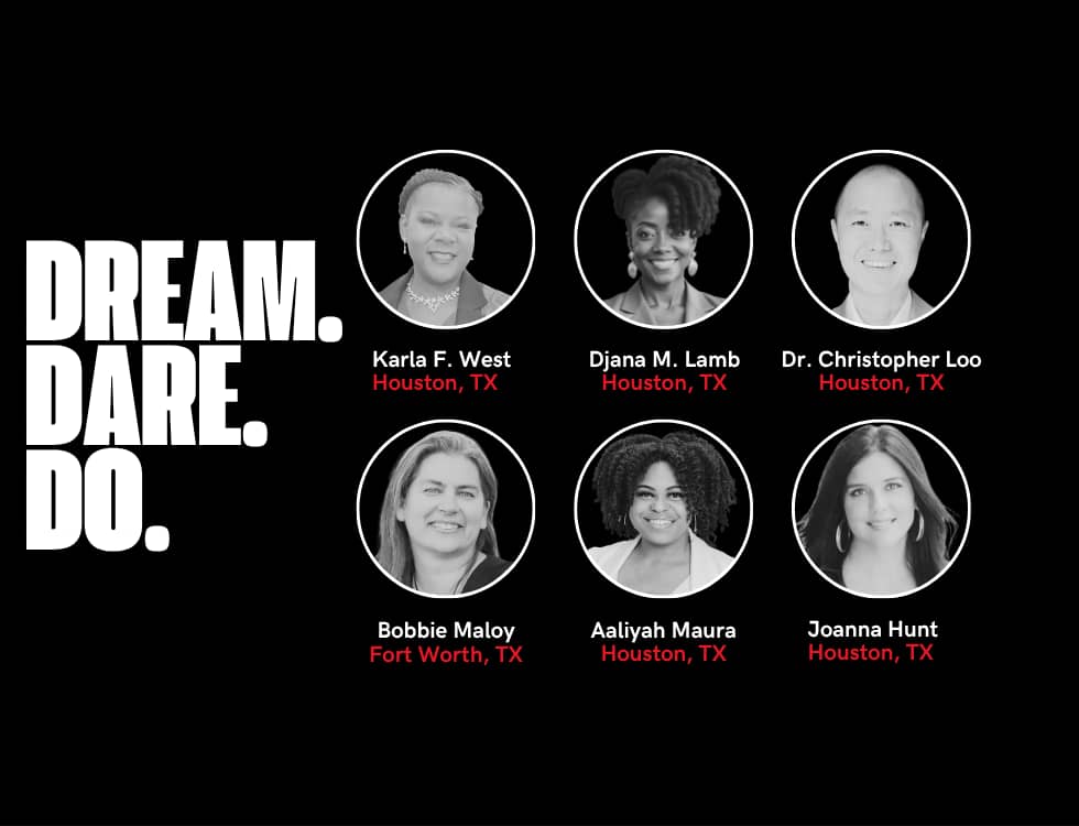 TEDx Third Ward speaker lineup with Dr. Christopher Loo and five speakers, headshots and Texas locations, with “Dream. Dare. Do.”